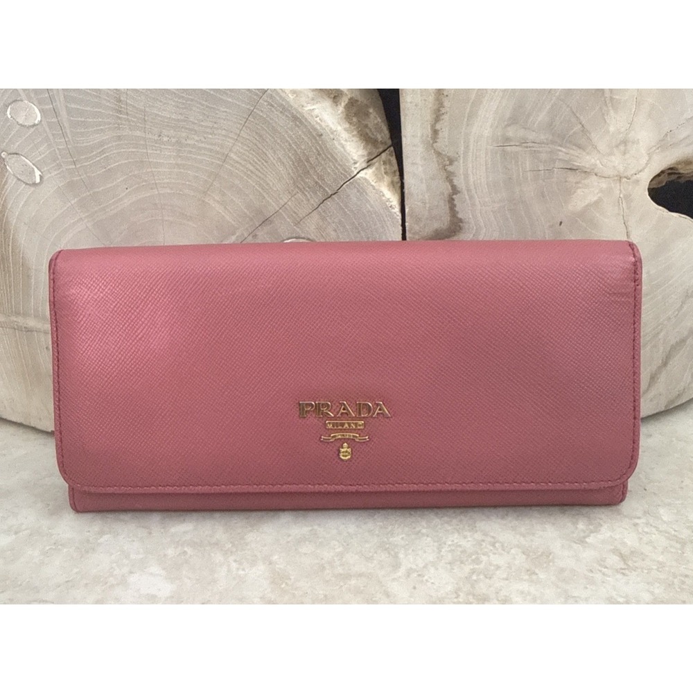 Prada Saffiano Leather Continental Long Wallet Pink‎ Gold Logo 1MH132